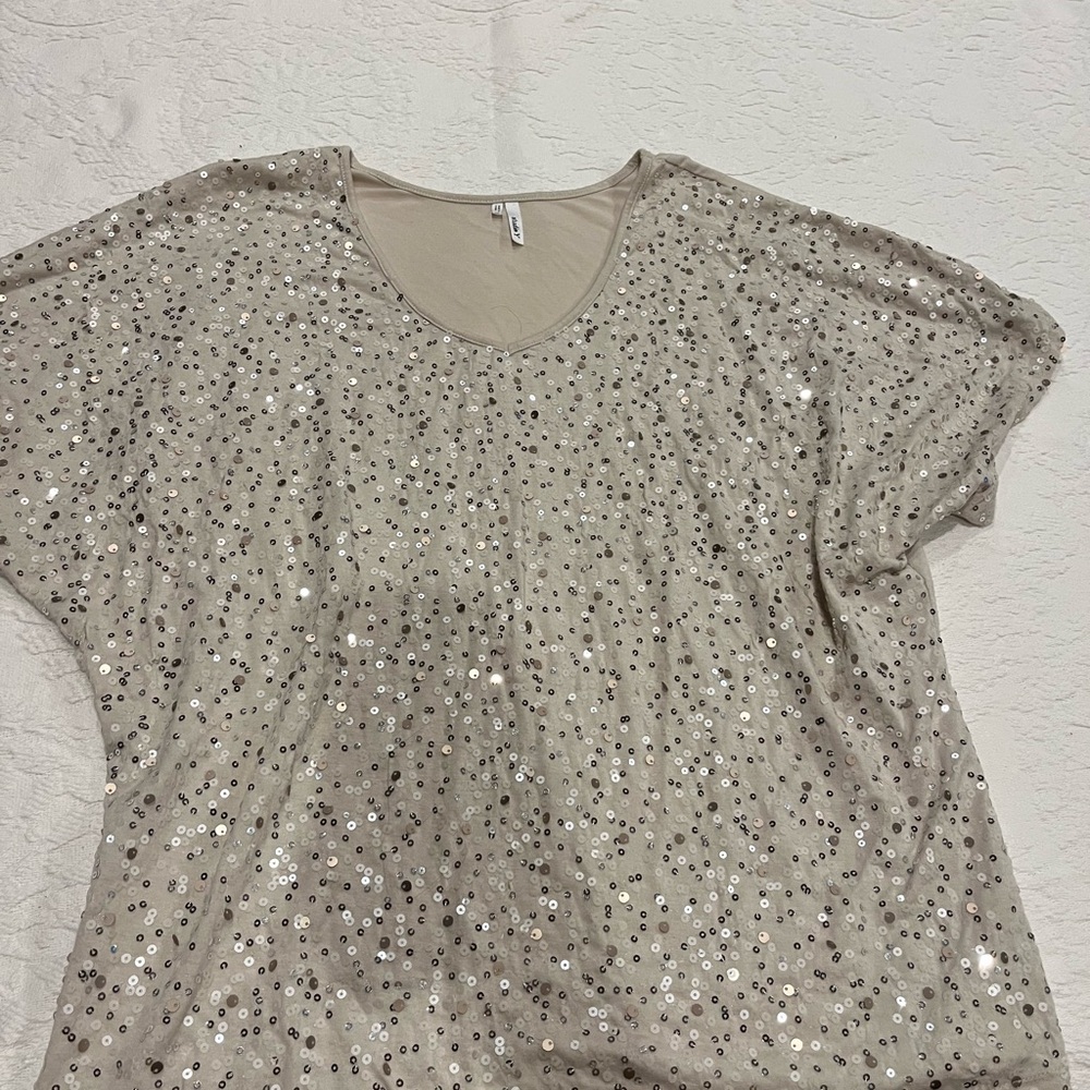 Studio Y Tan Gold Sequin Relaxed Blouse